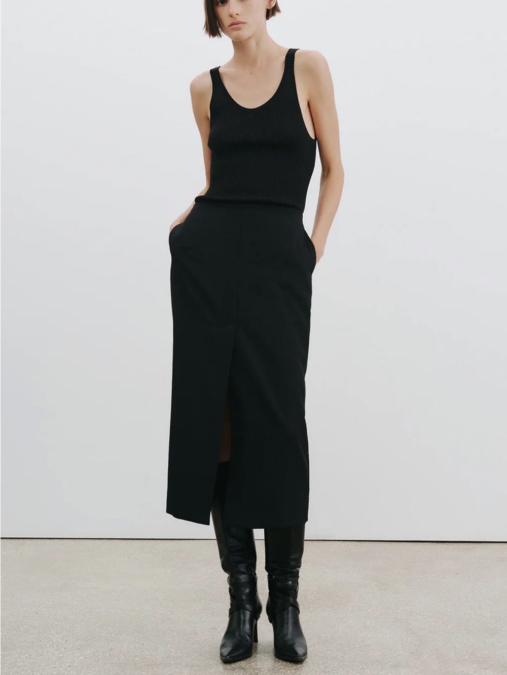 Nili Lotan Maritha Black Midi Pencil Skirt with Front Slit